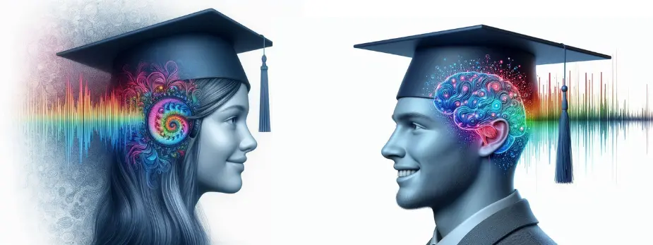 Zwei Studenten nehmen die Audiofrequenzen der Subliminals im Unterbewusstsein auf