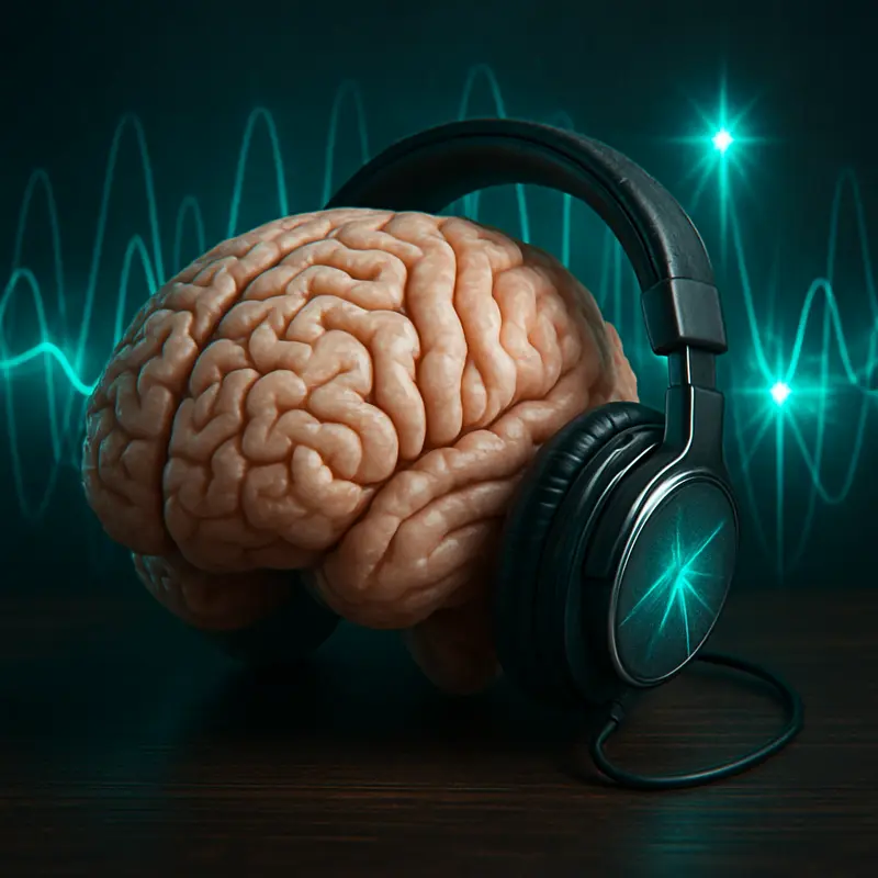 Gehirn mit Kopfhörern und Frequenzen WebP Symbolbild für Mythen und Unterbewusstsein bei Silent Subliminals