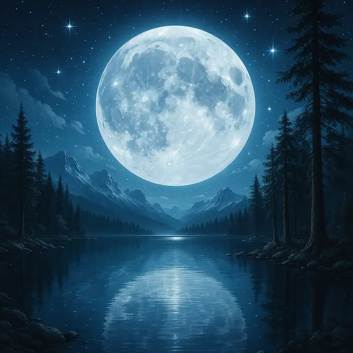 Leuchtender Vollmond über einem stillen Bergsee im Hochgebirge, umgeben von Sternenhimmel und Natur.