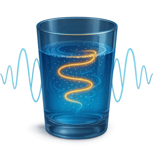 Wasserglas mit Energiewirbeln und Schallwellen durch Subliminals