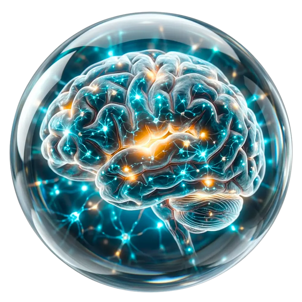 Glaskugel mit Gehirn und Synapsen