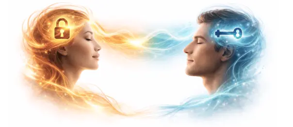 eine frau und ein mann mit schlüssel und Schloss. Symbolisiert das öffnen des Unterbewusstsseins